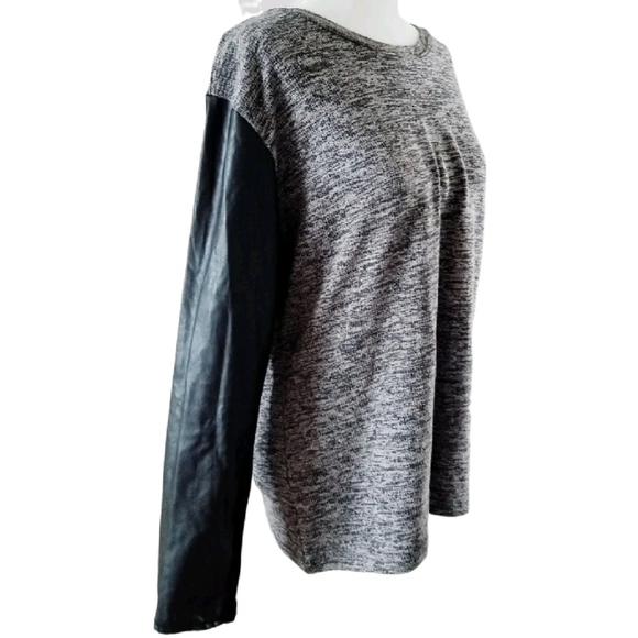 ASOS LEATHER SLEEVE HEATHERED GREY KNIT TOP SZ 14 - Picture 3 of 5